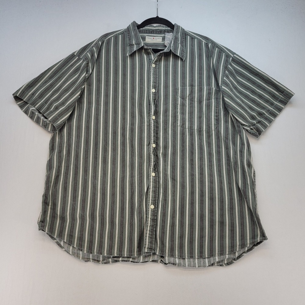 Faded Glory Button Down Shirt Mens 2XL Green Striped Casual Short Sleeve Pocket